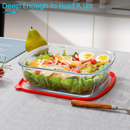 NUTRIUPS 9x9 Square Glass Baking Dish Set - Large 2.75QT Oven Safe with Lid | Red, 2 Pack
