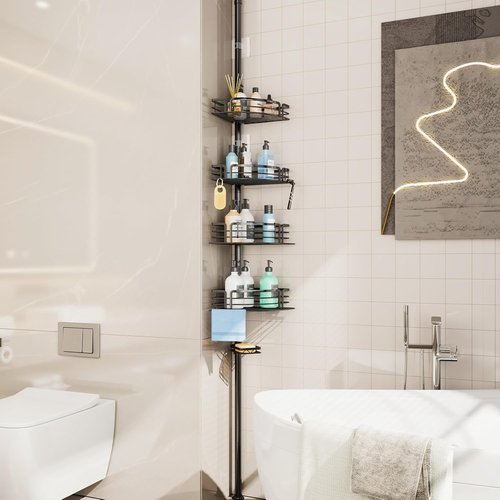 Consumest Corner Shower Caddy Tension Pole - Adjustable Rustproof Bath Organizer with Towel Bar & Soap Holder | 27.6-108.3 Inch, Black