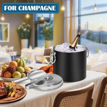 Ice Bucket with Lid & Tong- Well Made Insulated Stainless Steel Keep Ice Frozen Longer - Ideal for Cocktail Bar, Parties, Chilling Wine, Champagne - 3 Liter (Black)
