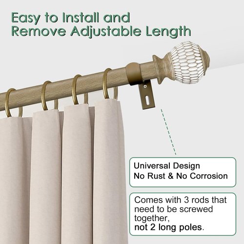 Byondeth Curtain Rods - Adjustable 16 to 48 Inches | 1 Inch Diameter with Wood Grain Leaf Finials
