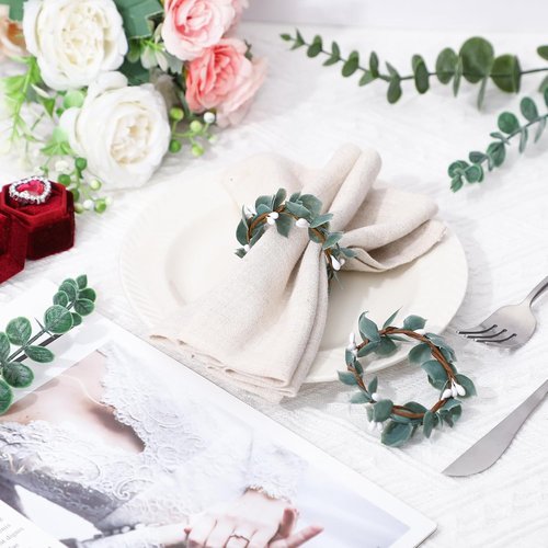 Domensi Eucalyptus Leaf Napkin Rings - Set of 6 Rustic Farmhouse Holders for Weddings & Dining Decor