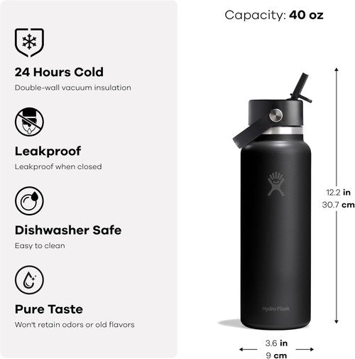 Hydro Flask Water Bottle - Insulated Stainless Steel - 40 Oz Tonal White with Wide Straw Lid & Leakproof Design