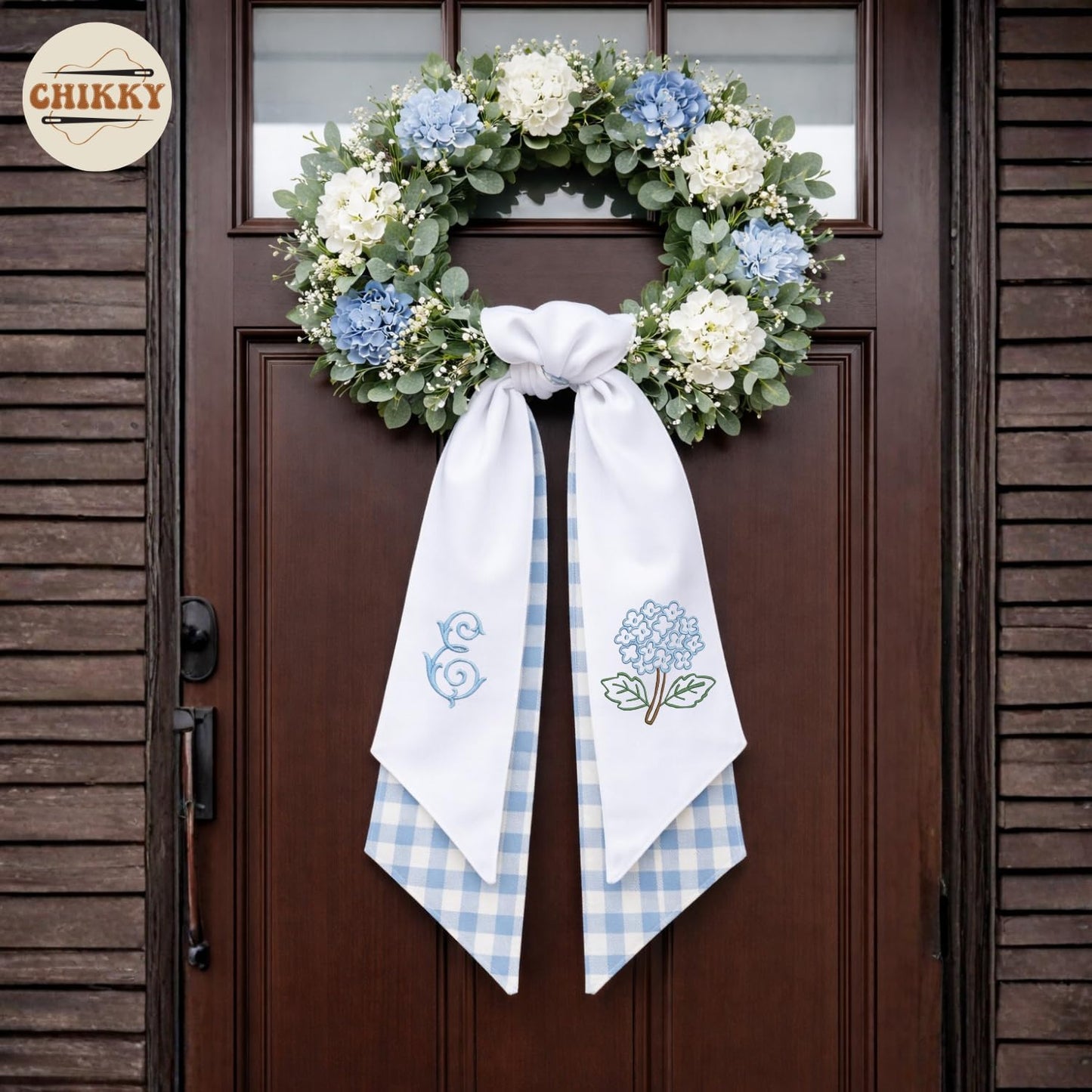 Regine Switzerland Monogram Wreath Sash Bow - Adjustable Farmhouse Door Decor | Hydrangea Design