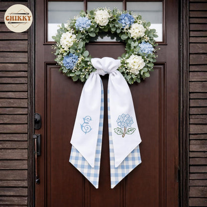 Regine Switzerland Monogram Wreath Sash Bow - Adjustable Farmhouse Door Decor | Hydrangea Design