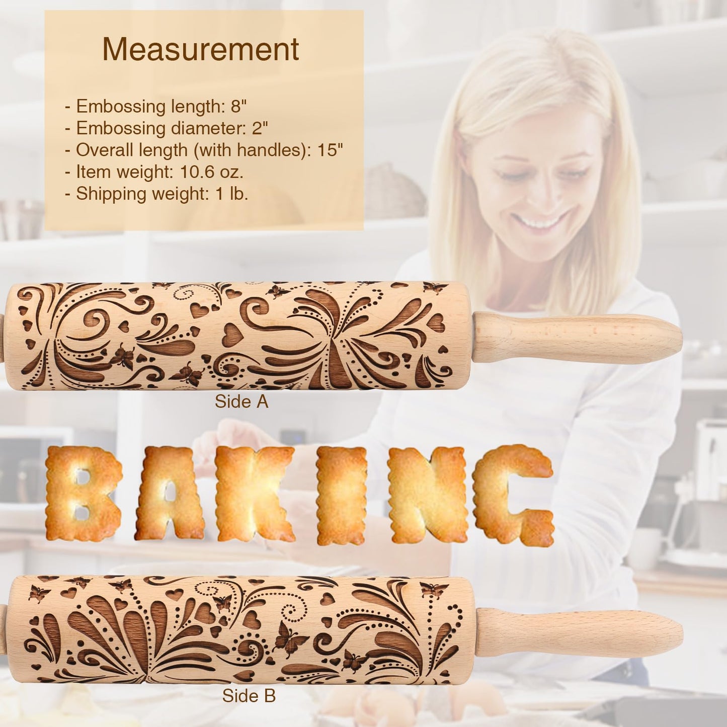 Embossed Rolling Pin for Baking Cookies Embossing Rolling Pins with Design Wooden Engraved Springerle Roller Pin Dough Christmas Patterned Clay Pottery Ceramic Bakers Women (Floral Butterfly Flower)