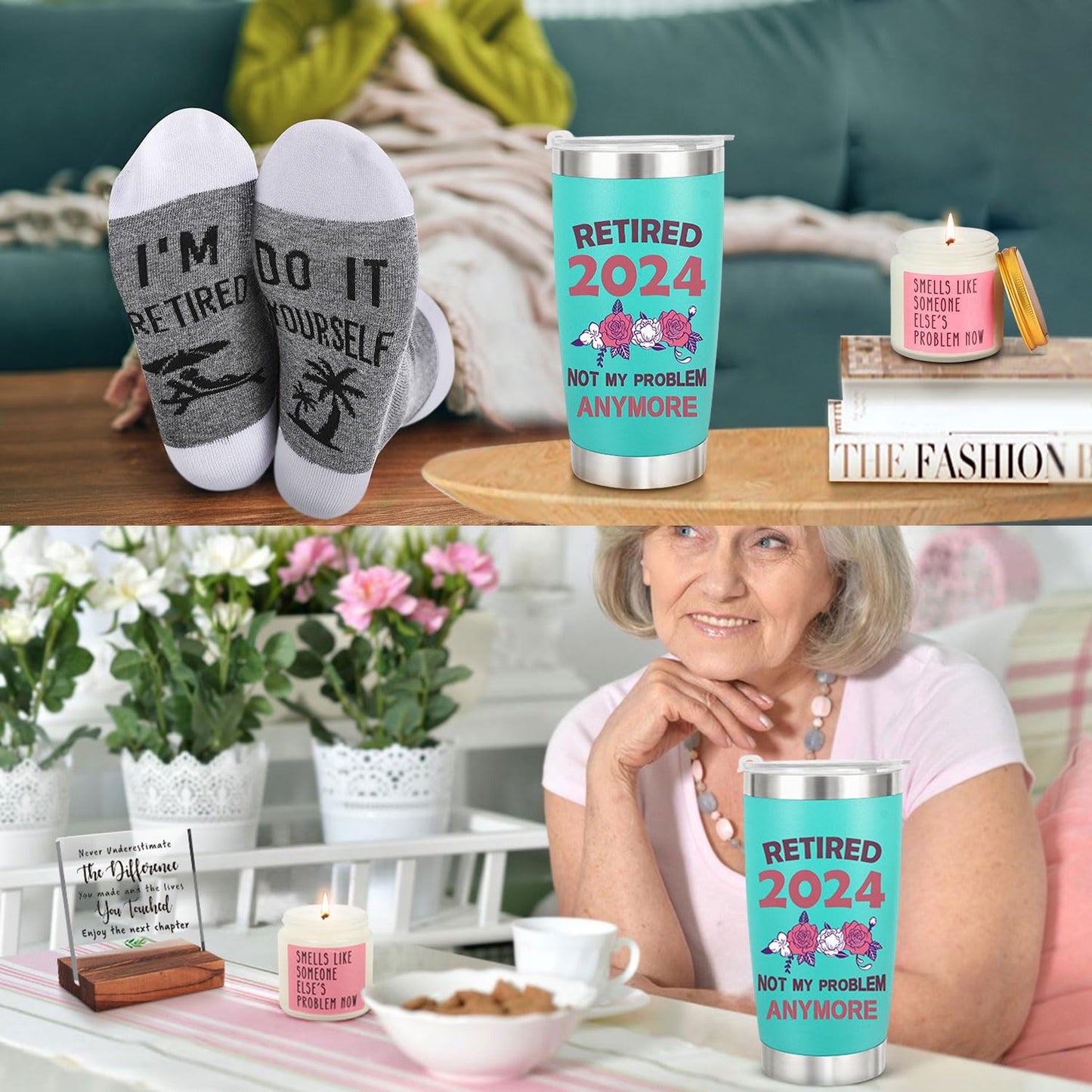 Retirement Gift for Woman 2024, Funny Happy Retirement Party Decoration Gifts, Retired Goodbye Gifts for Coworker Boss Teacher, Women Retirement Tumbler Cup Socks Candle Decoration Sign Gifts Set