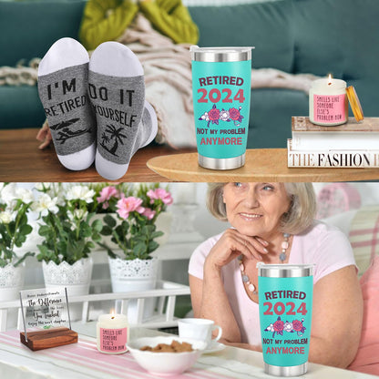 Retirement Gift for Woman 2024, Funny Happy Retirement Party Decoration Gifts, Retired Goodbye Gifts for Coworker Boss Teacher, Women Retirement Tumbler Cup Socks Candle Decoration Sign Gifts Set