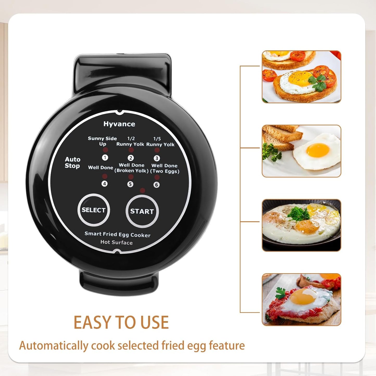 Smart Fried Egg Cooker - Automatic Maker for 6 Styles, Non-Stick Coating, Black Finish