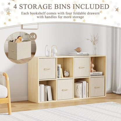 EXPERLAM 8 Cube Storage Organizer - Solid Wood Bookshelf with 4 Bins | Versatile Vertical/Horizontal Design