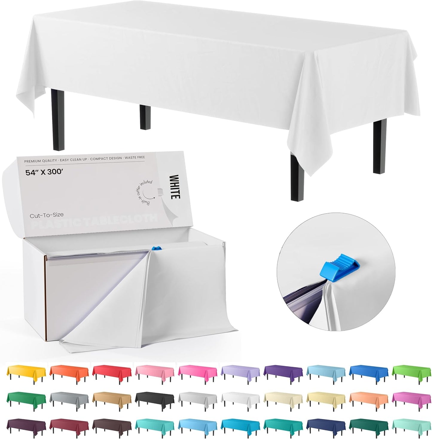 Party Solids White Plastic Table Cover Roll - 54 Inch x 300 Feet with Slide Cutter for Easy Use
