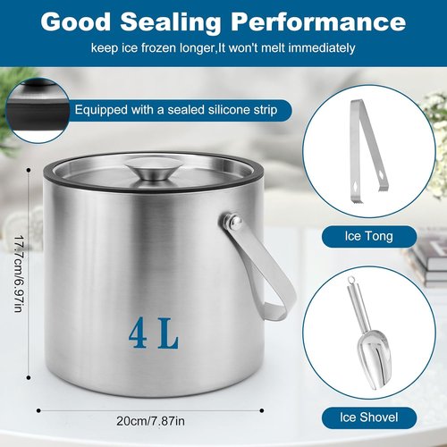 Ice Bucket, 4L Double Wall Insulated Ice Bucket with Lid,Scoop,Tongs- Inner Layer 304 Stainless Steel Ice Container Keep Ice Frozen Longer- Ideal for Cocktail Bar,Parties,Chilling Beer Win
