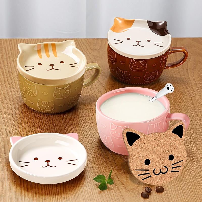 2Pcs Cute Cat Mug with Lid - 10oz Ceramic Tea Cups Set (Brown + Yellow)
