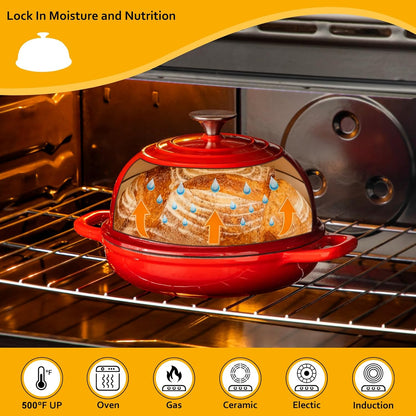 Velaze Enameled Cast Iron Dutch Oven - 5 QT Round Bread Pot with Dome Lid for Sourdough & Roasting (Red)
