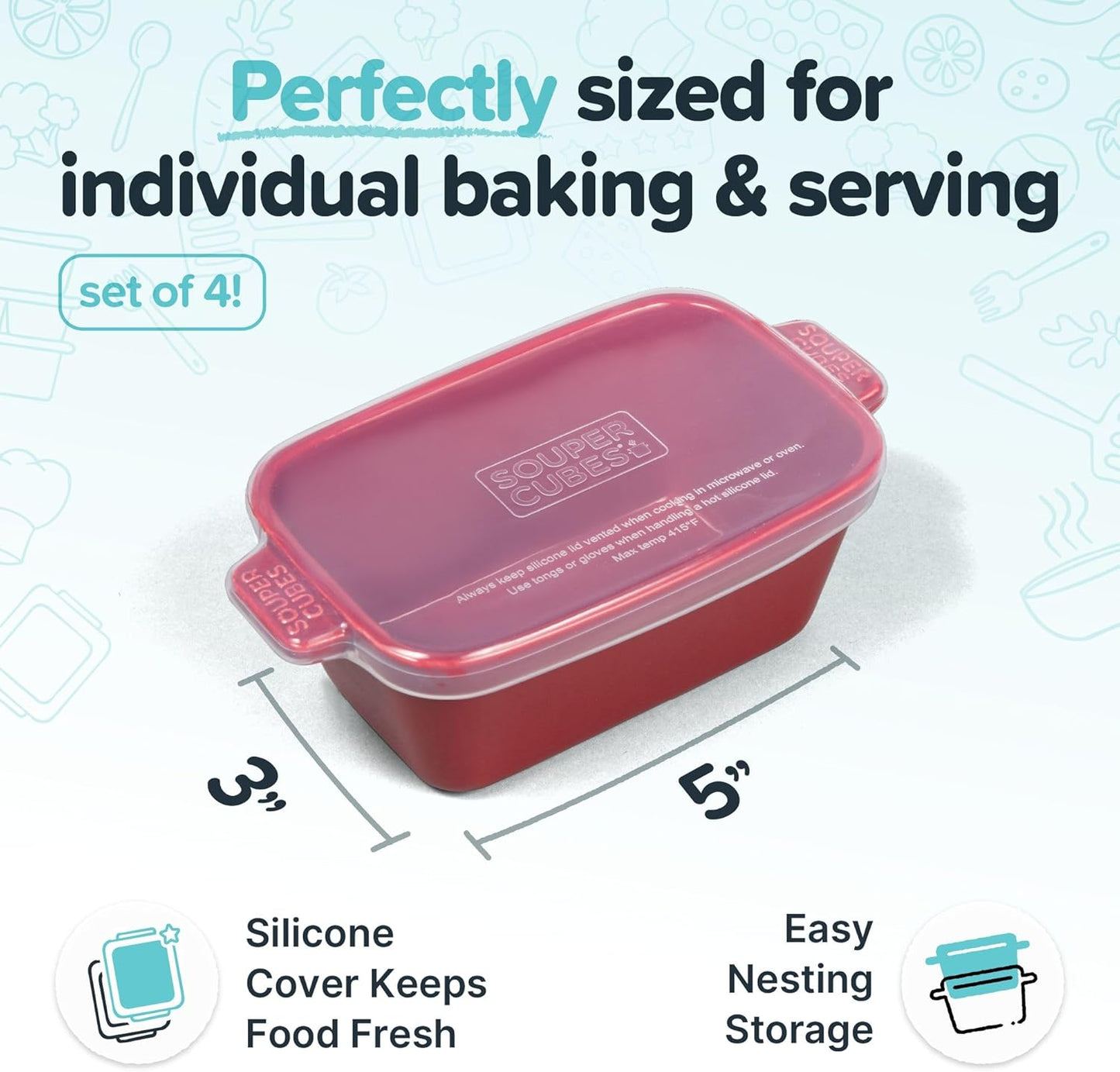 Souper Cubes Stoneware - Small 5" x 3" Ceramic Baking Dish Set with Silicone Covers | Perfect for Single Serve Portions - Cranberry