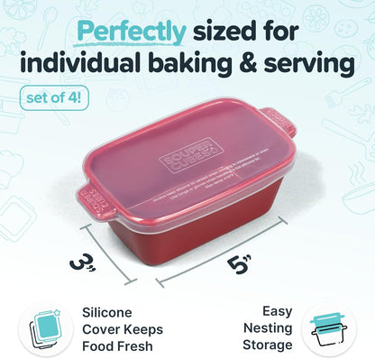 Souper Cubes Stoneware - Small 5" x 3" Ceramic Baking Dish Set with Silicone Covers | Perfect for Single Serve Portions - Cranberry