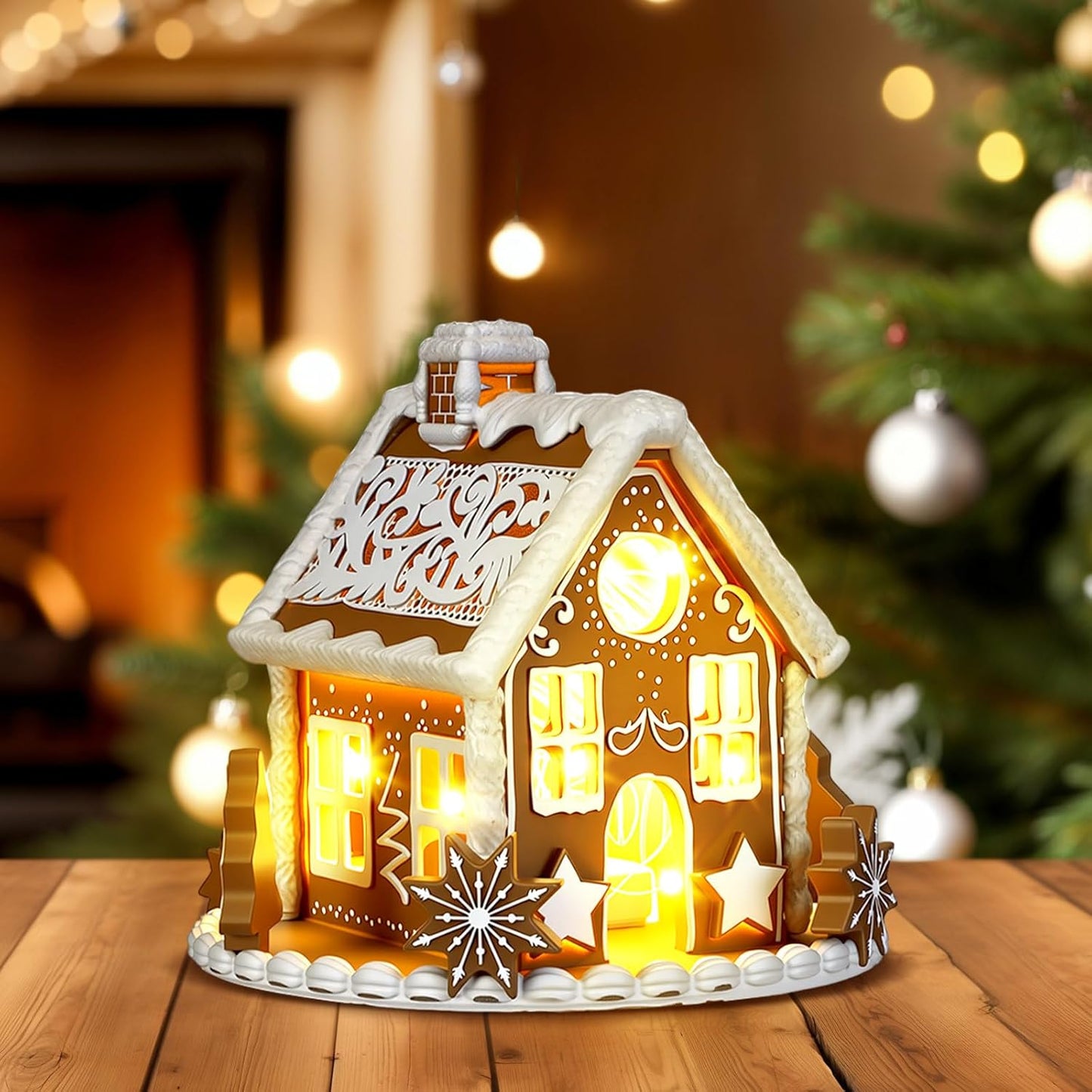 Wesiti Gingerbread House Decor - Lighted Christmas Decoration with LED Lights | 6-Inch Resin Candy House Figurine