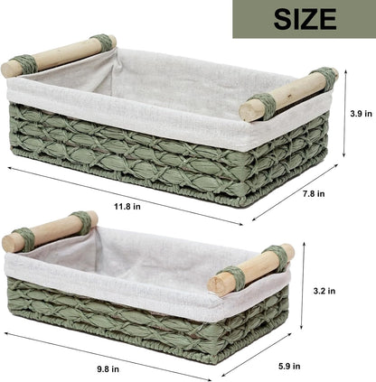 Skiennix Wicker Storage Baskets - Decorative Organizing Bins with Handles | Set of 2, Green