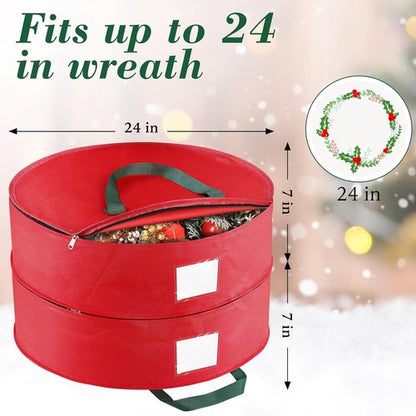 BlessedSeason Wreath Storage Container - Protect 2 Holiday Wreaths with Dual Zipper & Handles | 24” Red