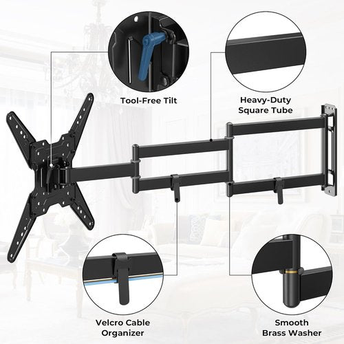 BONTEC TV Wall Mount - Full Motion Swivel Design for 26–65 Inch Screens | Heavy Duty Bracket, Max VESA 400x400, Holds 77 lbs