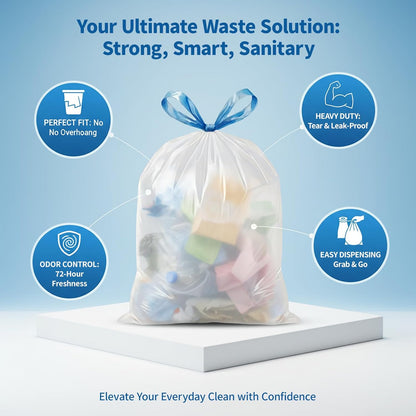 Skiennix 150 Count Drawstring Trash Bags - Heavy Duty 1.1 Mil Unscented 4 Gallon Liners for Bathroom & Office