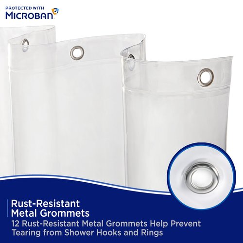 Kenney – Microban PEVA Shower Curtain Liner, Waterproof Medium-Weight Design with Rust-Resistant Metal Grommets & Weighted Magnetic Hem, 70" x 72", Clear