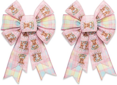Hying Pink Buffalo Plaid Wreath Bows - 2 Pieces Spring Highland Cattle Decor for Baby Showers & Anniversaries