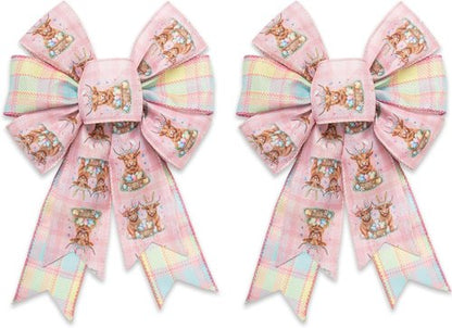Hying Pink Buffalo Plaid Wreath Bows - 2 Pieces Spring Highland Cattle Decor for Baby Showers & Anniversaries