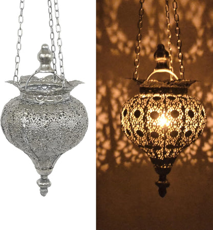 Westcharm Antique Silver Moroccan Lantern - Elegant Metal Hanging Pendant Light for Indoor/Outdoor Use - Small Size