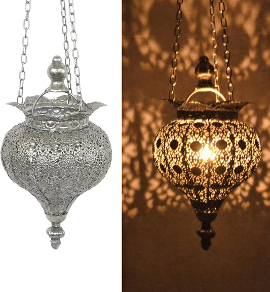 Westcharm Antique Silver Moroccan Lantern - Elegant Metal Hanging Pendant Light for Indoor/Outdoor Use - Small Size