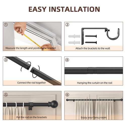 SMODBRODRE Black Curtain Rods for Window 28 to 48, 5/8 inch Small Decorative Curtain Rod Set with Brackets