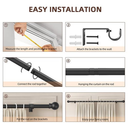 SMODBRODRE Black Curtain Rods for Window 28 to 48, 5/8 inch Small Decorative Curtain Rod Set with Brackets