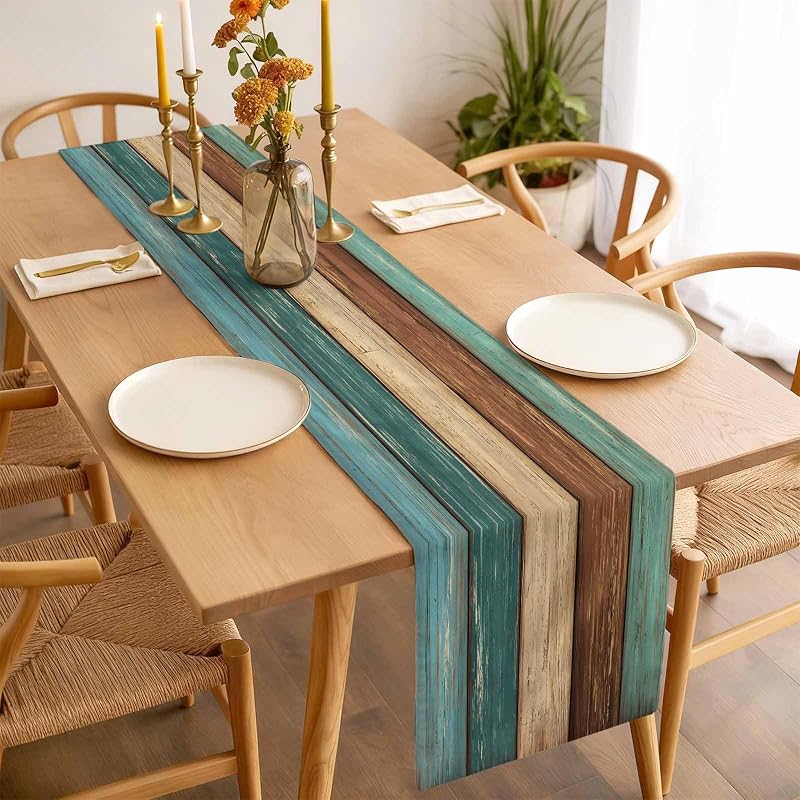 Teal Cotton Linen Table Runner 13x90 Inch - Rustic Burlap Dresser Scarf, Non-Slip Home Decor (Green/Blue/Brown) - Farmhouse Wedding Table Setting