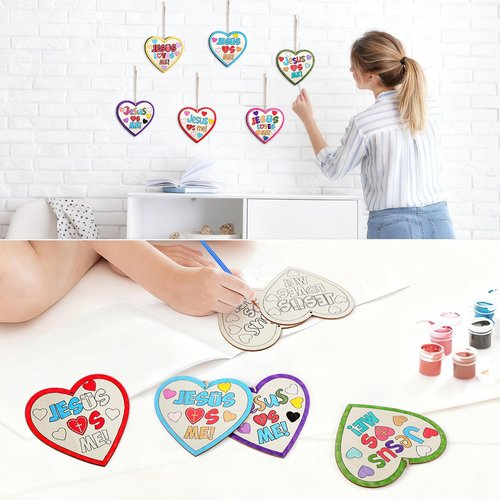 Anglechic 12 Sets Easter Christian Crafts Jesus Loves Me Wood Craft Religious Wooden Heart DIY Activities for Easter Sunday School VBS DIY Gift Activity