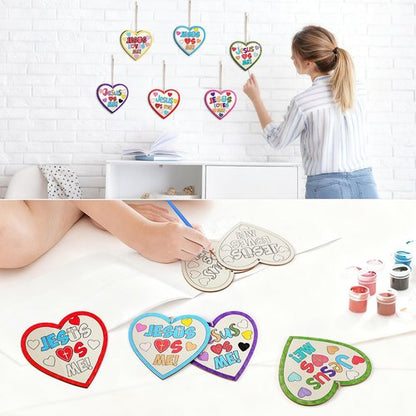 Anglechic 12 Sets Easter Christian Crafts Jesus Loves Me Wood Craft Religious Wooden Heart DIY Activities for Easter Sunday School VBS DIY Gift Activity