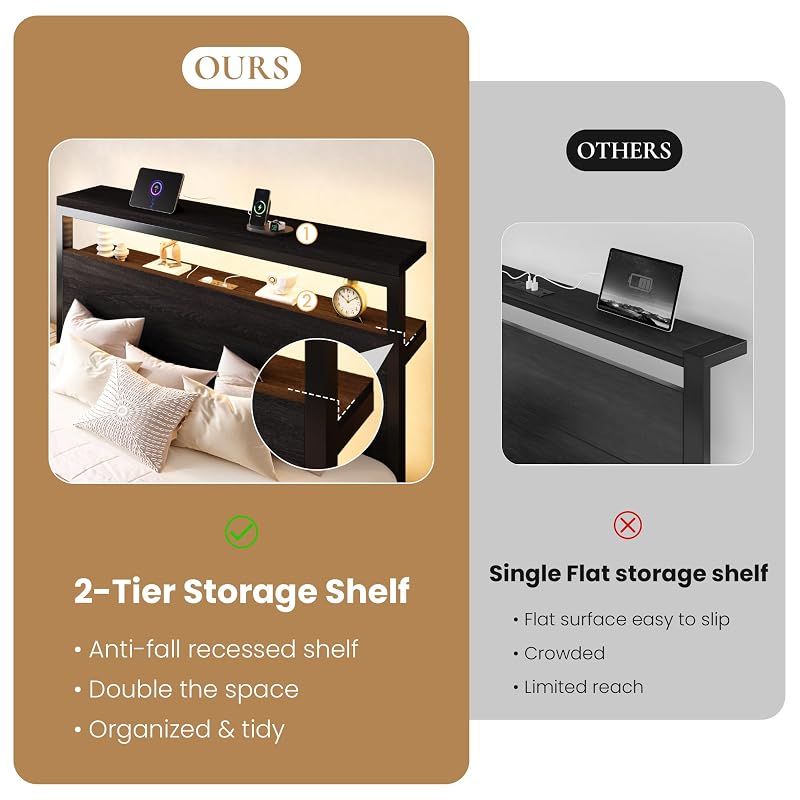 SHA CERLIN Full Bed Frame with 2-Tier LED Headboard & USB-C Charging, Black Oak