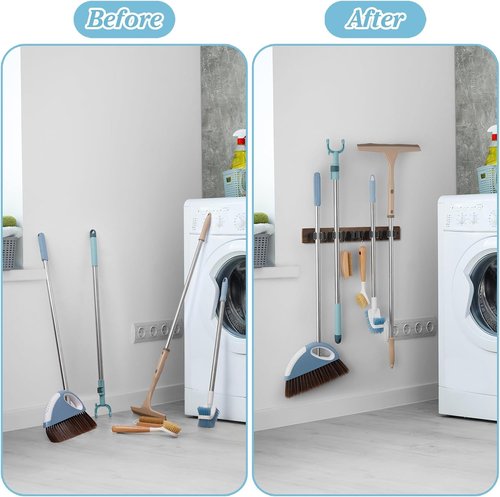 Brown Broom Holder Wall Mount - Heavy Duty Wood Mop Organizer with 5 Slots & 4 Hooks | Rustic Storage Solution for Laundry Room, Kitchen, Garage