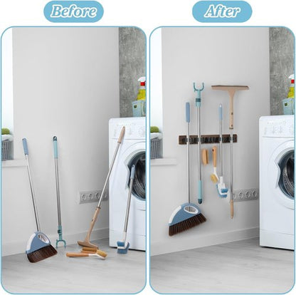 Brown Broom Holder Wall Mount - Heavy Duty Wood Mop Organizer with 5 Slots & 4 Hooks | Rustic Storage Solution for Laundry Room, Kitchen, Garage