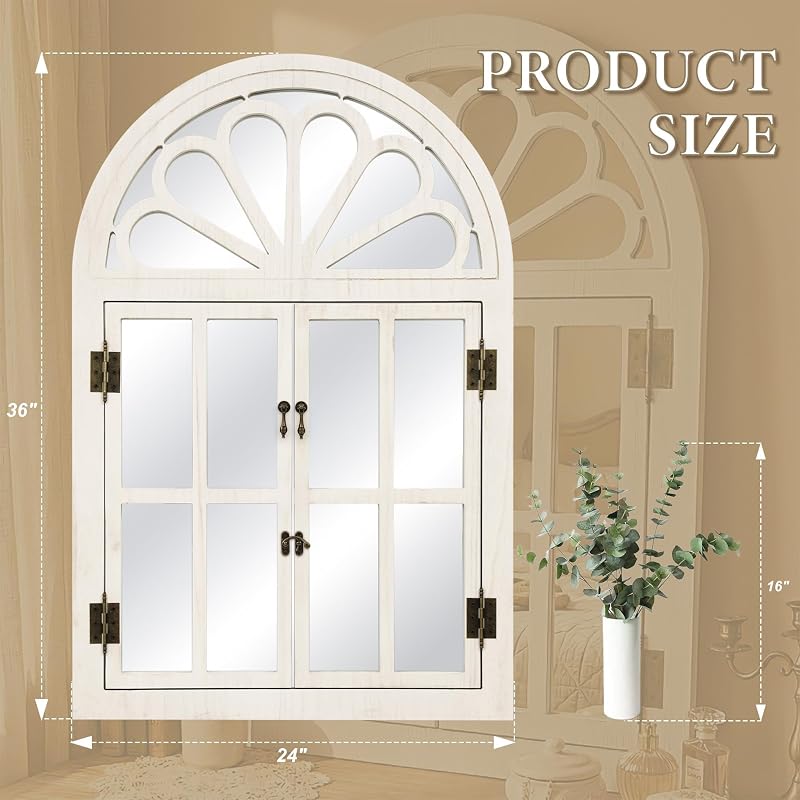 Arched Window Mirror with Petal Top - Farmhouse Wall Decor, 24" x 36" White