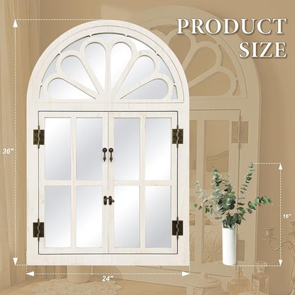 Arched Window Mirror with Petal Top - Farmhouse Wall Decor, 24" x 36" White