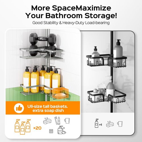 HAMITOR Shower Caddy Tension Pole - 4-Tier Rustproof Bathroom Organizer with Soap Holder | Adjustable 47-123 Inch for Small Spaces