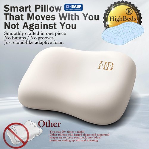 HighBeds Cervical Neck Pillow - Ergonomic Memory Foam for Neck Pain Relief | Soft Ice Silk Cover (White)