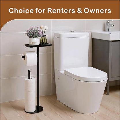 Skiennix Free Standing Toilet Paper Holder - Sturdy Black Tissue Roll Stand with Phone Shelf, Holds 5 Rolls