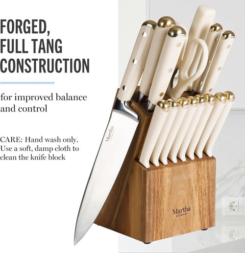 Martha Stewart 16-Piece Knife Block Set - High Carbon Stainless Steel Chef Knives with Acacia Wood Block, Linen White & Gold