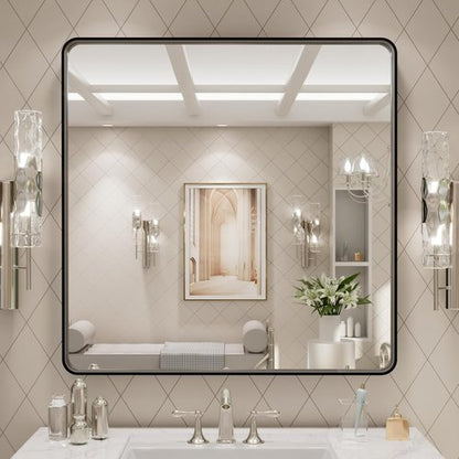 LOAAO Black Metal Framed Bathroom Mirror - 30x30 Inch Large Rounded Rectangle, Anti-Rust, Versatile Hang