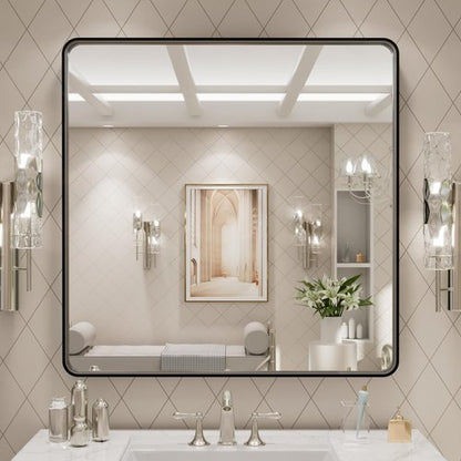 LOAAO 30x30 Inch Black Metal Framed Bathroom Mirror for Wall, Matte Black Bathroom Vanity Mirror Farmhouse, Large Rounded Rectangle Mirror, Anti-Rust, Hangs Horizontally or Vertically