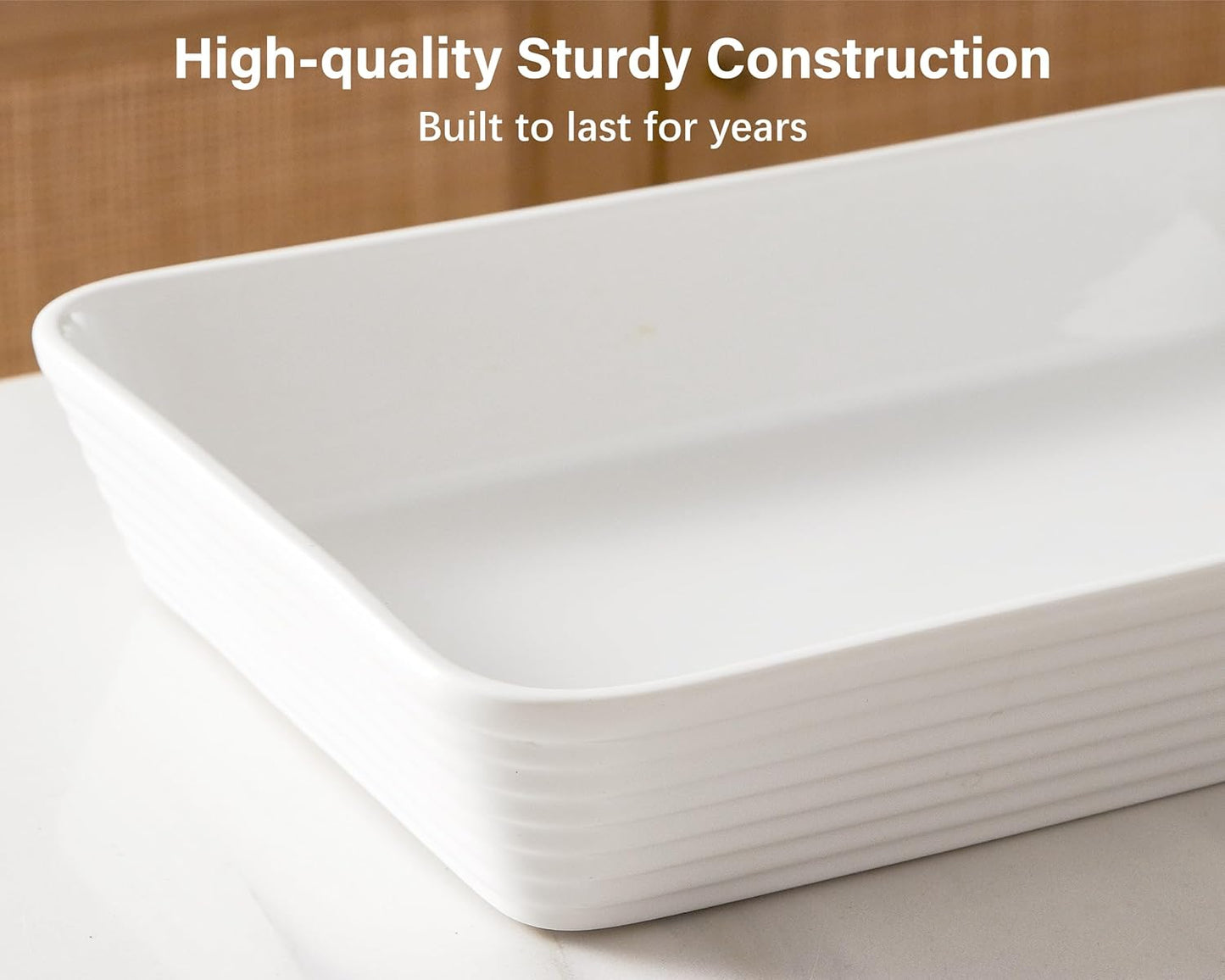 ONEMORE Ceramic Baking Dish - 9x13 Large Rectangular Casserole Pan for Oven & Family Meals | Ribbed White Bakeware