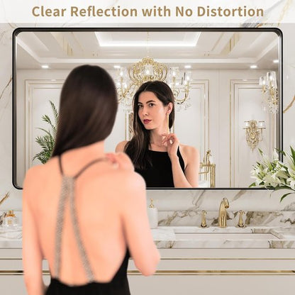 LOAAO Black Metal Framed Bathroom Mirror - 50x30 Inch Large Rounded Rectangle, Anti-Rust Tempered Glass, Versatile Hanging Options