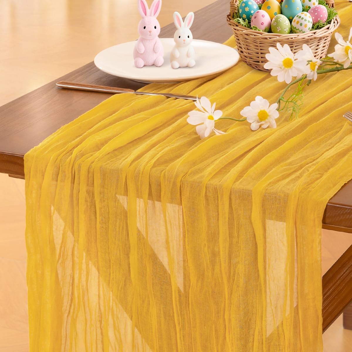 Socomi Gold Yellow Cheesecloth Table Runner - 120 Inch Boho Rustic Decor for Weddings & Events