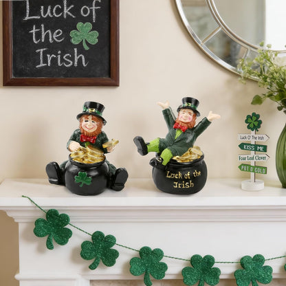 Skiennix St. Patrick's Day Decorations - Lucky Leprechaun Figurines Set of 2 | Resin Statues with Pot of Gold for Home Decor