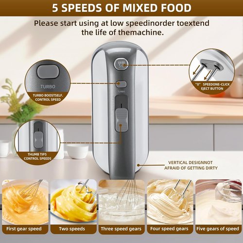 GELANGS 400W Hand Mixer - Turbo Boost, 5-Speed Control, Copper Motor | 3 Dishwasher-Safe Attachments